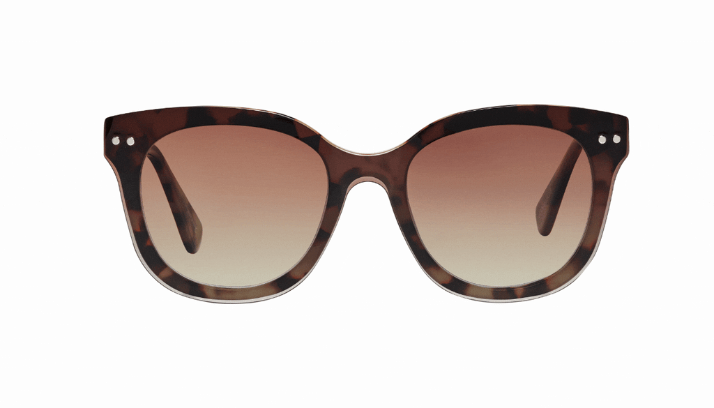 Frank and Lucie Eyedo reader glasses in Pretty Coat –animated view showing transition from reader to sunglasses with sunclip