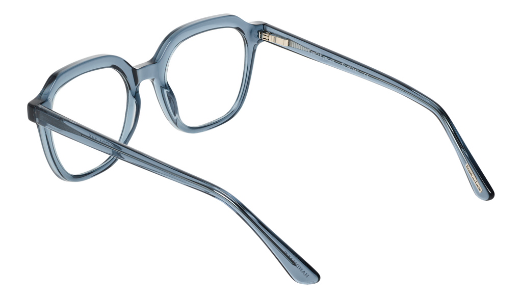 Back side view of Frank and Lucie Eyecan glasses in translucent blue Hazy Harbor acetate with a vintage-inspired design.