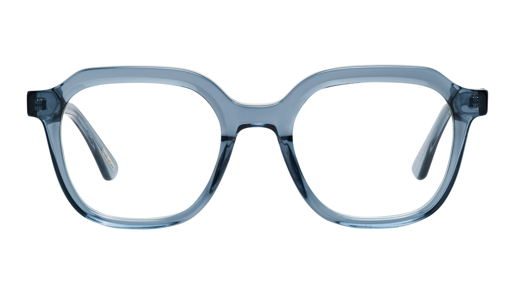 Front view of Frank and Lucie Eyecan glasses in translucent blue Hazy Harbor acetate with a vintage-inspired design.