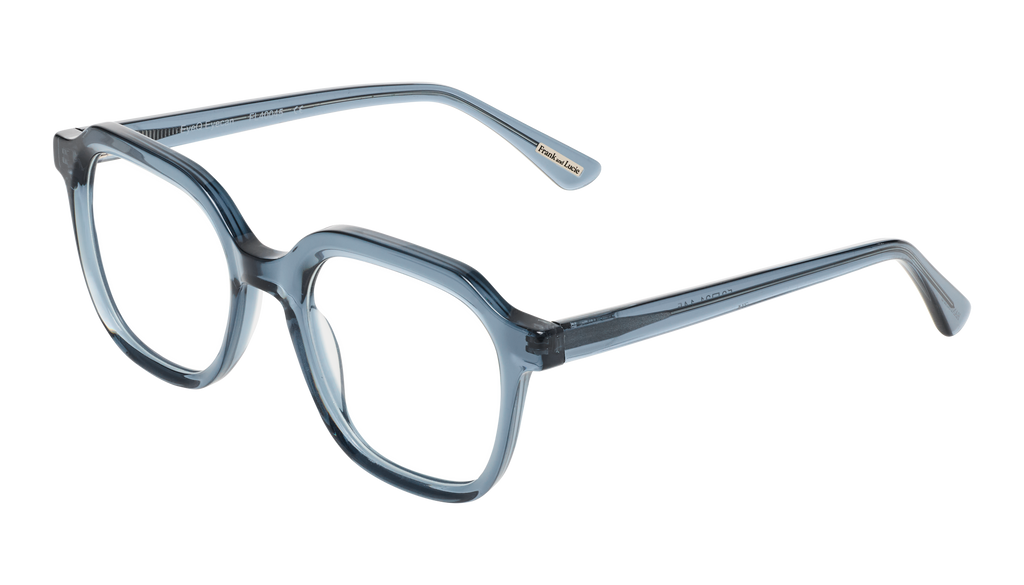 Side angle of Frank and Lucie Eyecan glasses in translucent blue Hazy Harbor acetate with a vintage-inspired design.