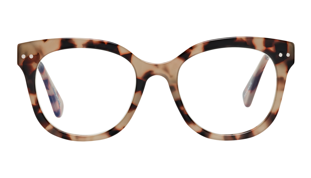 Frank and Lucie Eyedo reader glasses in Pretty Coat – front view of butterfly-shaped frame in light tortoise acetate