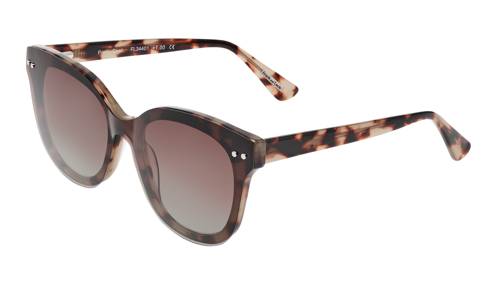 Angled front view of Frank and Lucie Eyedo Eclips sunglasses in Pretty Coat – detachable clip-on sunglasses with pink-brown lenses