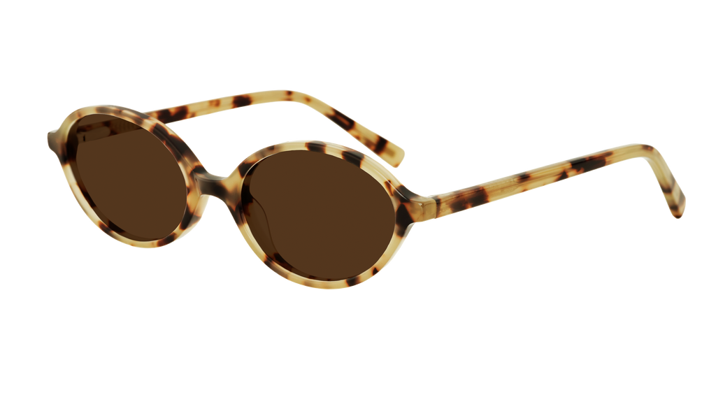 Frank and Lucie The Eyedoll sunglasses in BCBG, black oval frame with brown lenses, angled perspective