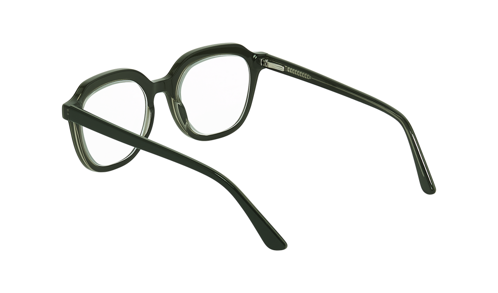 Back side view of Frank and Lucie Eyecan glasses in Greenish Dopamine colour with a vintage-inspired design.