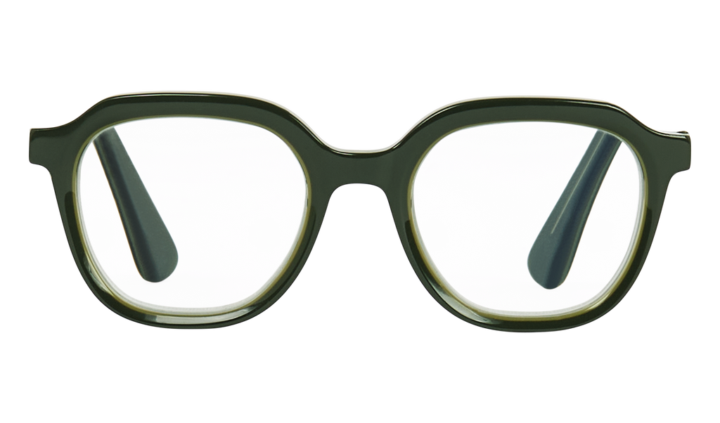 Front view of Frank and Lucie Eyecan glasses in Greenish Dopamine colour with a vintage-inspired design.