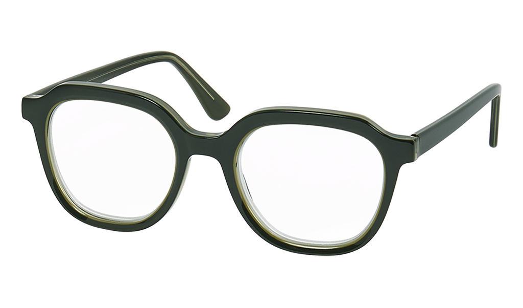 Side angle of Frank and Lucie Eyecan glasses in Greenish Dopamine colour with a vintage-inspired design.