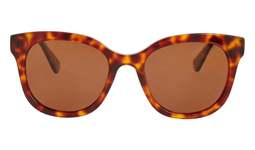 Front view of Frank and Lucie Eyedeal sunglasses in classic tortoiseshell acetate, from the Sunday Essentials line.