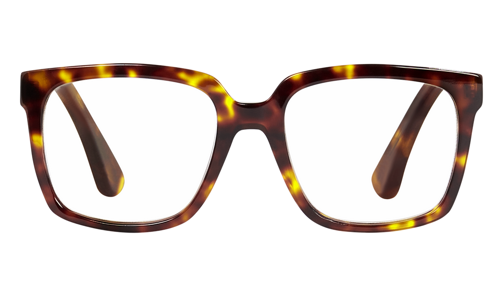 Front view of Frank and Lucie Eyedeal glasses in the color Turtle shade with a timeless design suitable for men and women 