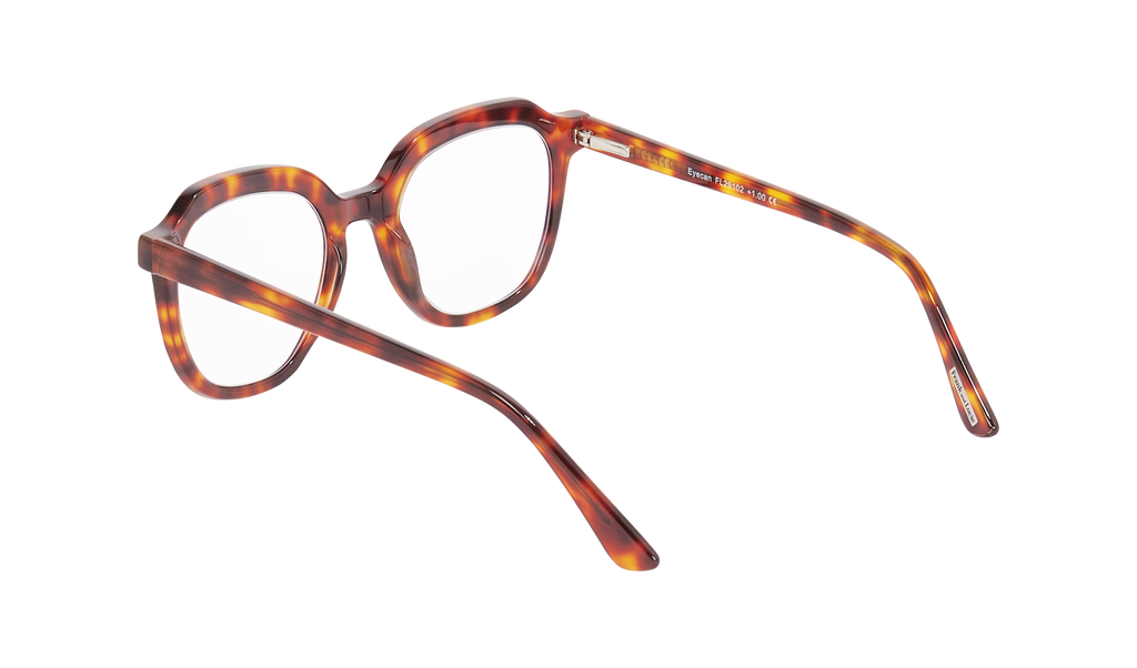 Back side view of Eyecan glasses in warm multicolor tortoise shade, offering a retro yet timeless style.
