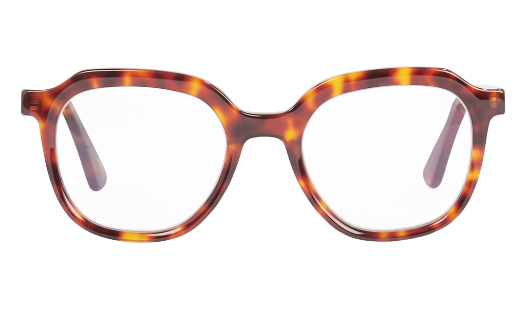 Front view of Eyecan glasses in warm multicolor tortoise shade, offering a retro yet timeless style.