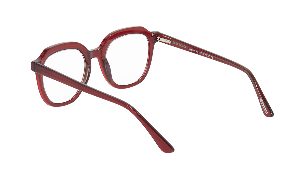 Back side view of Frank and Lucie Eyecan frame in deep translucent Grown Up Red acetate, unisex vintage style.