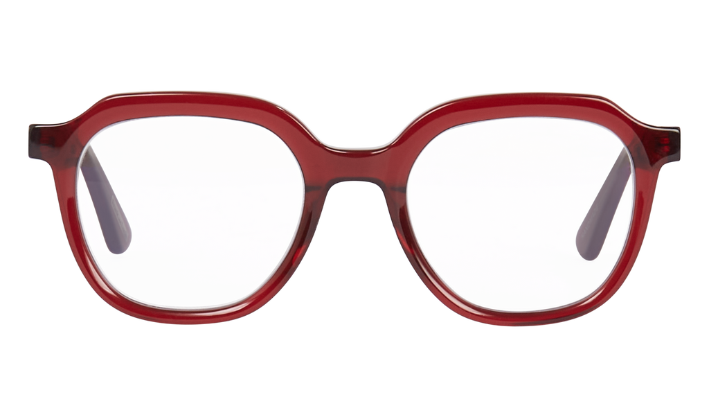 Front view of Frank and Lucie Eyecan frame in deep translucent Grown Up Red acetate, unisex vintage style.