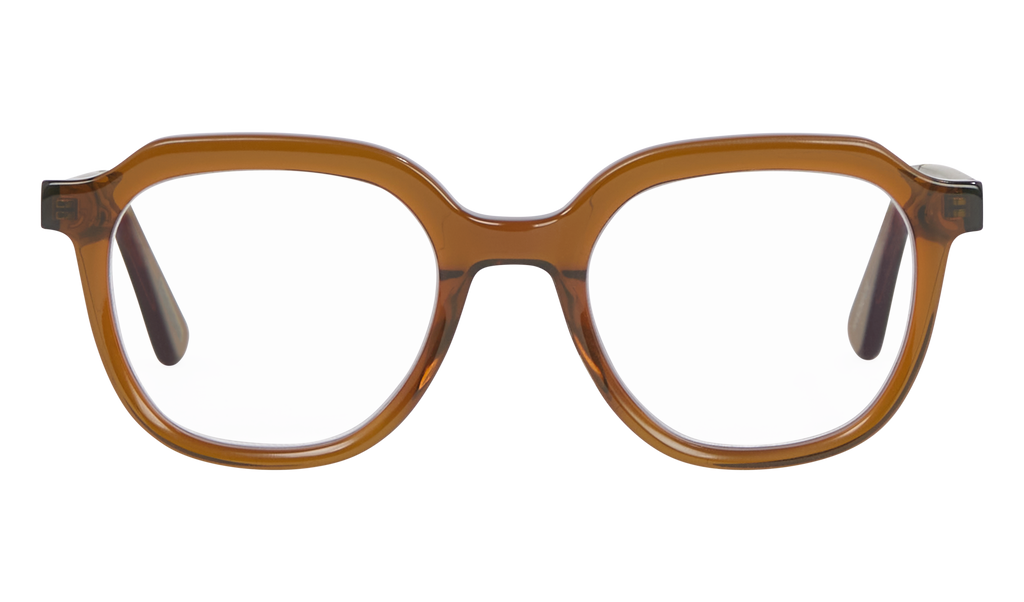 Frank and Lucie Eyecan glasses in rich Harvest Gold, blending retro charm with modern comfort.