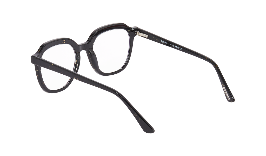 Back angle of the classic black version Eced Coffee of the Frank and Lucie Eyecan glasses, unisex fit with a bold vintage silhouette.