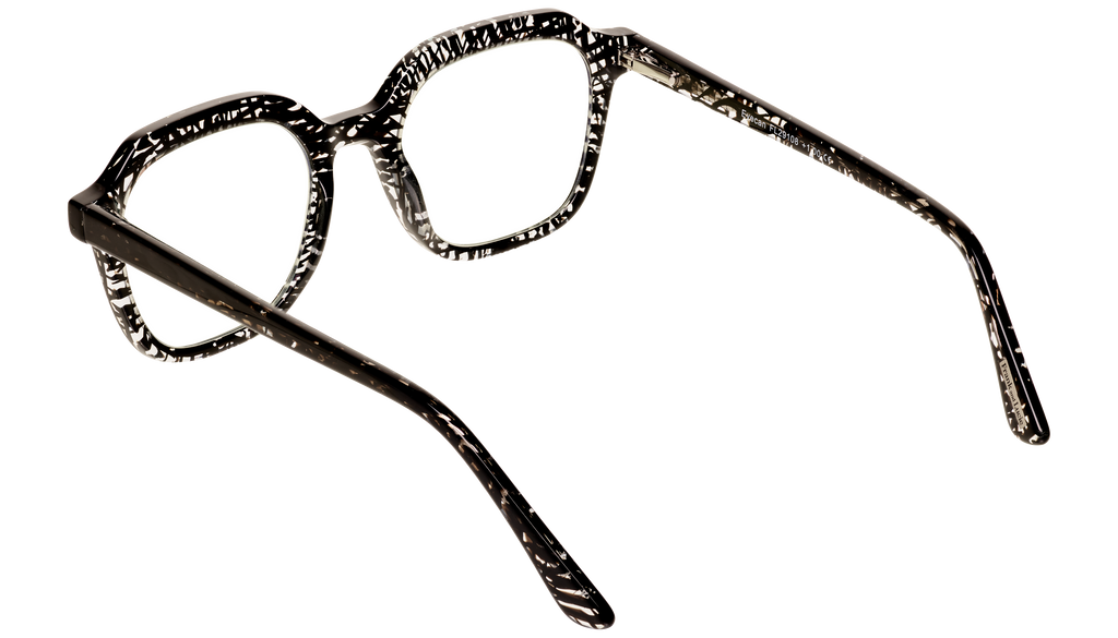 Back side of Frank and Lucie Eyecan glasses in striking Unity colorway with black and white graphic pattern for a standout vintage look.