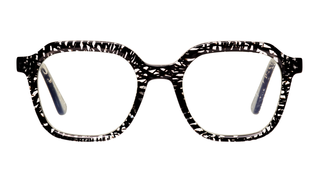 Frank and Lucie Eyecan glasses in striking Unity colorway with black and white graphic pattern for a standout vintage look.