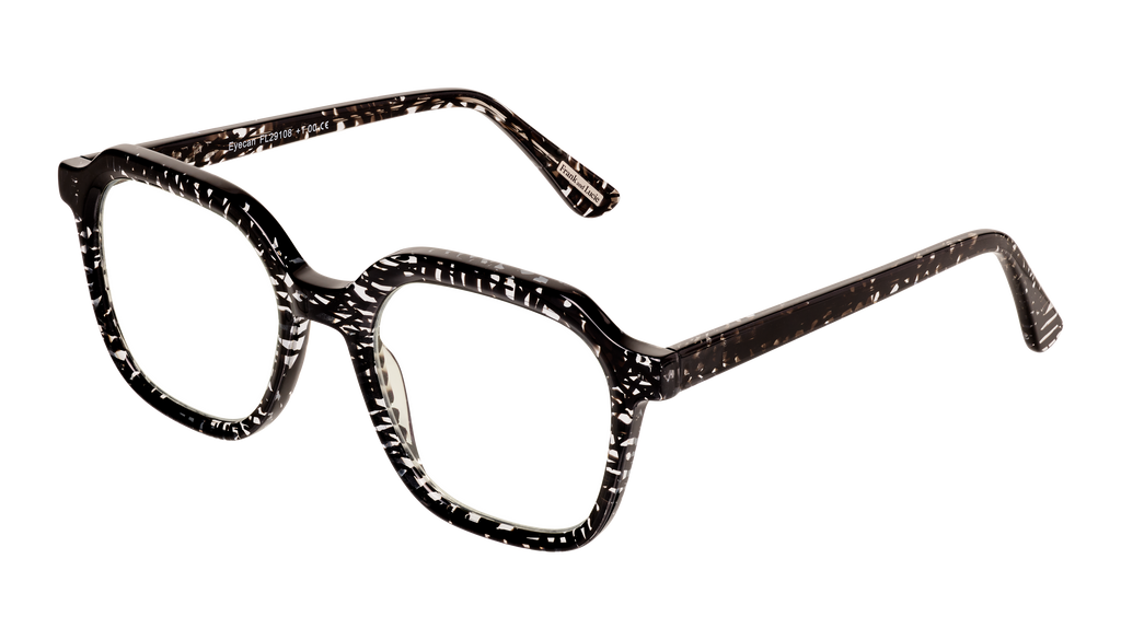 Side angle of Frank and Lucie Eyecan glasses in striking Unity colorway with black and white graphic pattern for a standout vintage look.