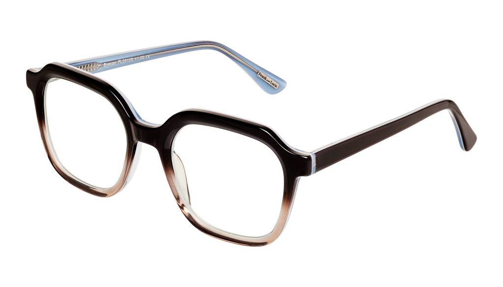 Side angle of the gradiant brown transparant colour of the Frank and Lucie Eyecan - Balance glasses, unisex fit with a bold vintage silhouette.