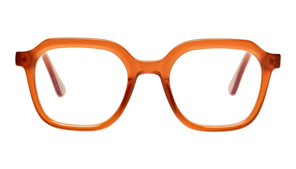 Front-facing view of Eyecan Roussillon glasses by Frank and Lucie in a warm orange brown colour