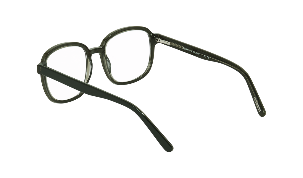 Back angled view of the Frank and Lucie - Eyeknow small glasses in dark green A Dopamine colour, highlighting the transparent temples and subtle frame.