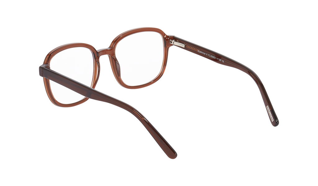 Back angled view of the Frank and Lucie - Eyeknow small glasses in warm Rum Runner brown, highlighting the transparent temples and subtle frame