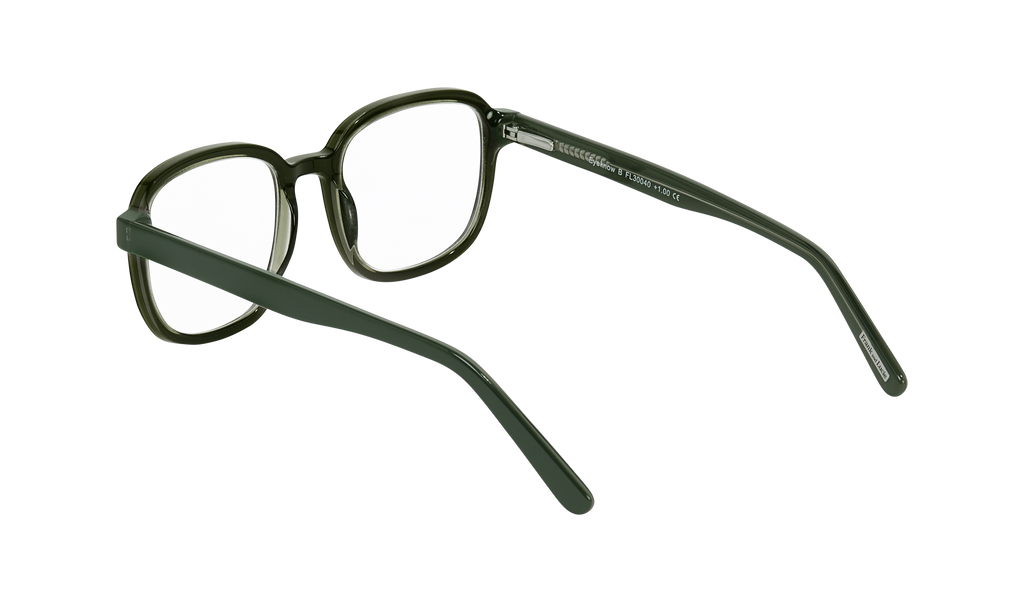 Eyeknow reading glasses in classic green, side-rear view showing slim temples and acetate frame.