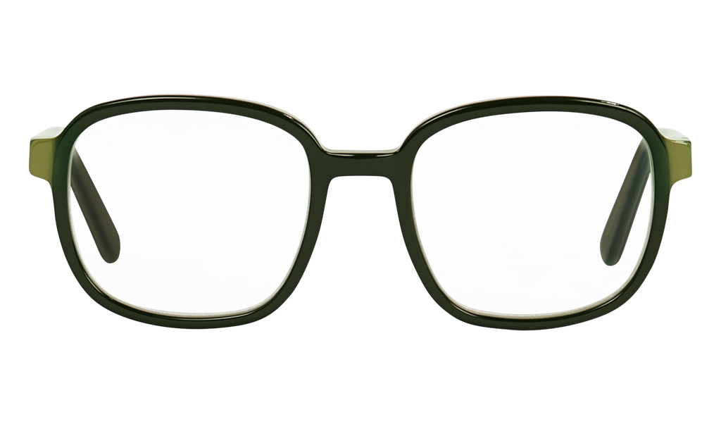 Eyeknow reading glasses in green, front view highlighting the vintage-inspired square shape.