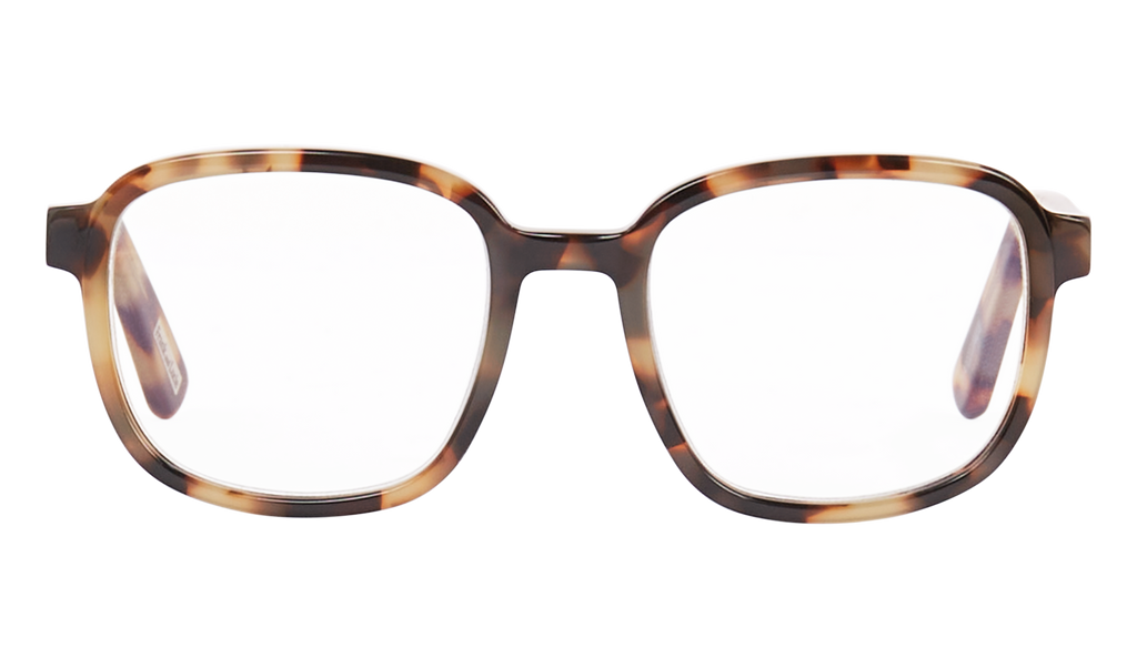 Front view of Frank and Lucie - Eyeknow glasses in tortoise brown acetate with subtle edges and clear lenses.