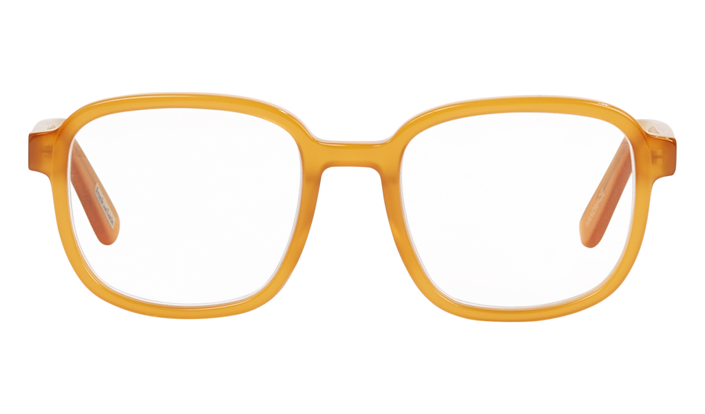 Front view of Frank and Lucie - Eyeknow glasses in Burnt Yellow, with soft rectangular shape and vintage flair.