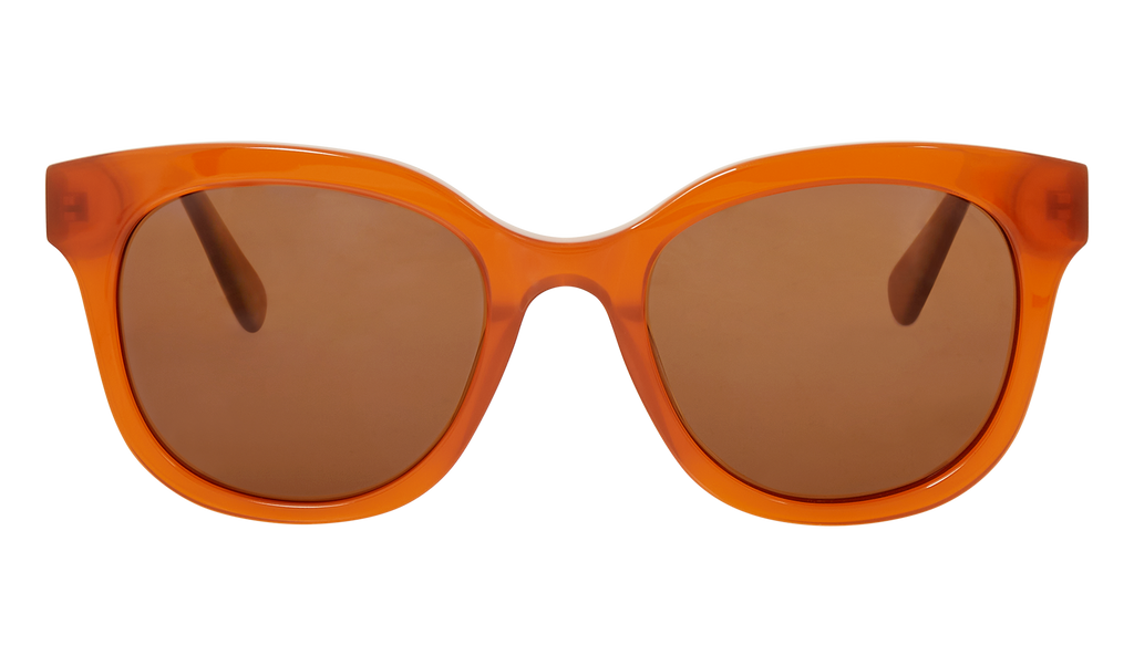 Front view of Frank and Lucie Eyedo sunglasses in vibrant orange acetate, reflecting the Mediterranean summer vibe.