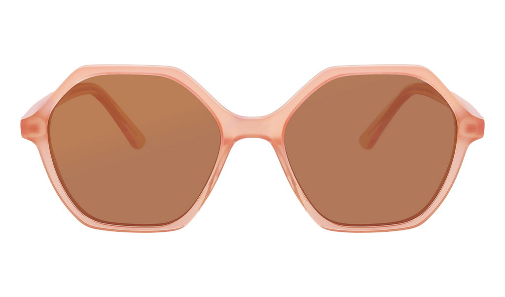 Frank and Lucie Eyewill sunglasses in Grenache – oversized geometric sunglasses with rose-pink frame and warm brown lenses