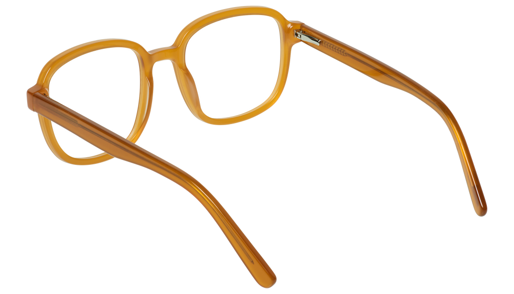 Back angled view of the Eyeknow small glasses in Burnt Yellow, combining retro flair with modern lightweight wear.