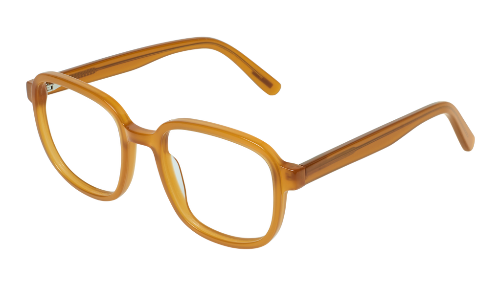 Side angled view of the Eyeknow small glasses in Burnt Yellow, showcasing the thin temples and refined shape.