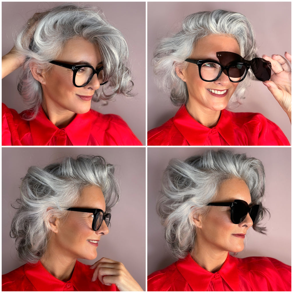 Woman wearing Frank and Lucie Eyedo Eclips glasses showing how the sunclip works