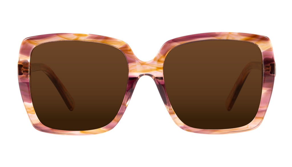 Frank and Lucie The Eyedentity sunglasses in Riviera – straight-on view of bold square sunglasses in dark rose tortoise pattern