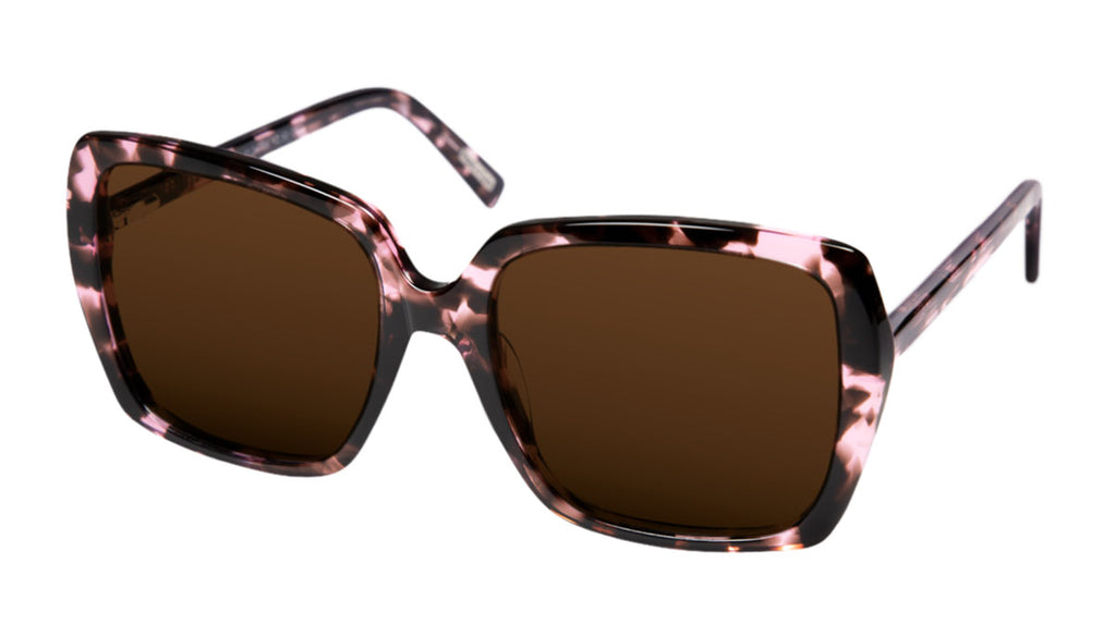 Frank and Lucie The Eyedentity sunglasses in Pinkvanna, oversized square frame in pink and amber tones, angled front view