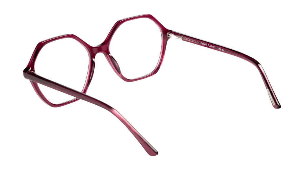 Back side picture of Frank and Lucie Eyewill glasses in elegant raspberry color